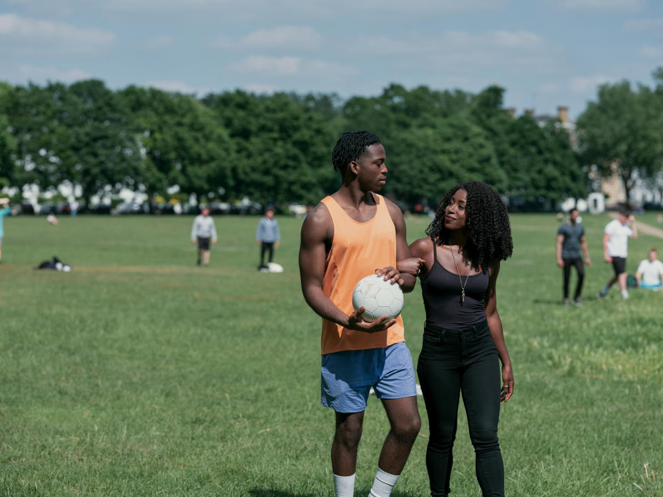 (L to R) Curtis Kantsa as Franklin, Kirby Howell-Baptiste as Death in episode 106 of The Sandman. (Laurence Cendrowicz/Netflix)