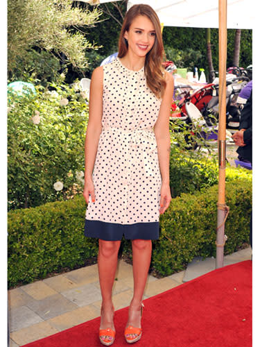 <div class="caption-credit"> Photo by: JB Lacroix/WireImage</div><div class="caption-title">Jessica Alba</div>A polka dot shift dress? Yes, please. We'd love to wear this out for brunch with the girls on a Saturday afternoon. And the unexpected pop of orange on the shoes is a great touch. <br> <br>