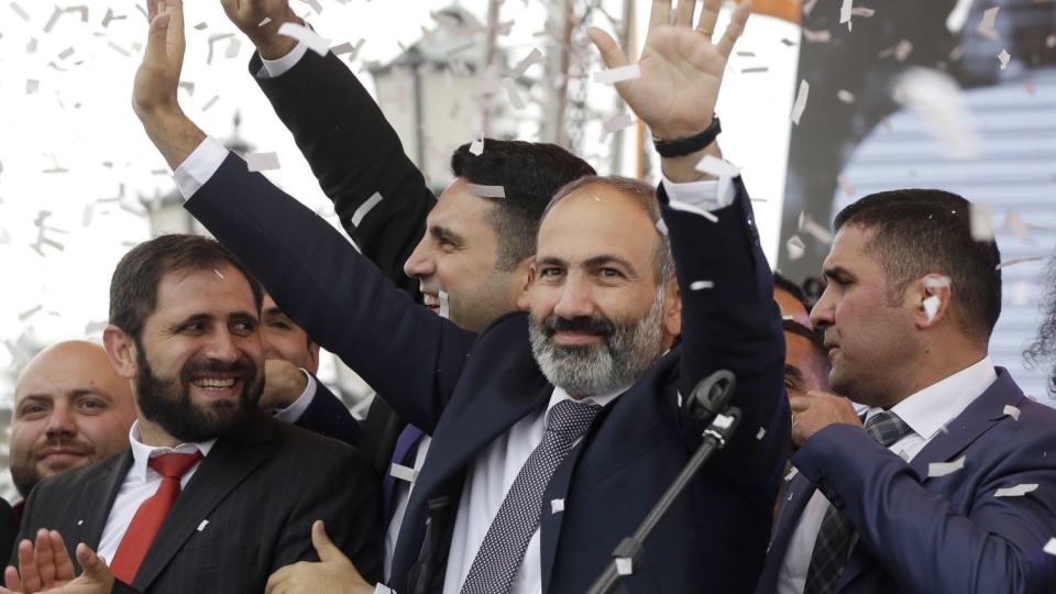 Newly elected Prime Minister of Armenia Nikol Pashinian addresses the crowd in Republic Square in Ye