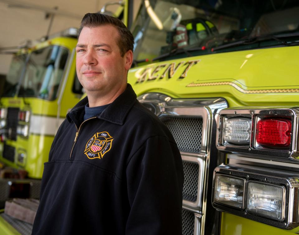 Kent Firefighter Pat Paisley is shown here at the South Depeyster Street fire station Jan. 25, eight days after he got a woman out of her car safely before it was struck by a train.