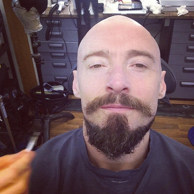 hugh jackman shaved head and full beard for blackbeard, pirate, pan movie.