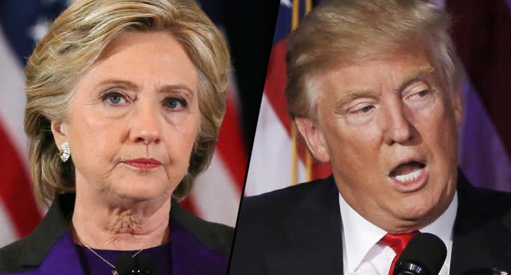 Hillary Clinton addresses her staff and supporters, and Donald Trump speaks at election night rally, Nov. 9, 2016, in New York.