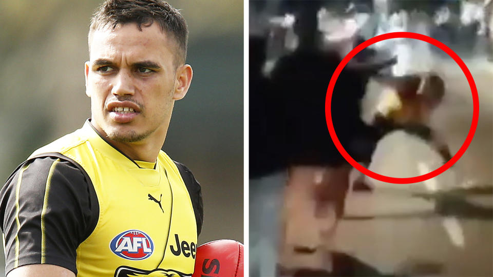 Footage has emerged which appears to show Richmond's Sydney Stack involved in a fight on the streets of Perth while he was supposed to be quarantining at home. Pictures: Getty Images/Channel 7