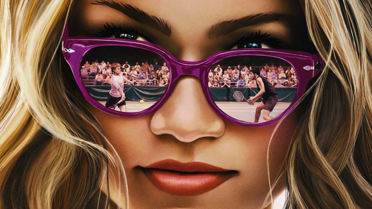  The Challengers poster features a large image of Zendaya wearing sunglasses that reflect two tennis players. 