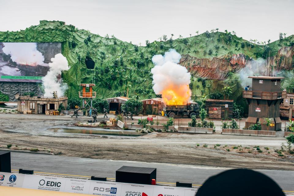 Live demonstration of warfare watched by high-ranked guests, politicians and traders. IDEX Expo, Abu Dhabi, UAE, 2019