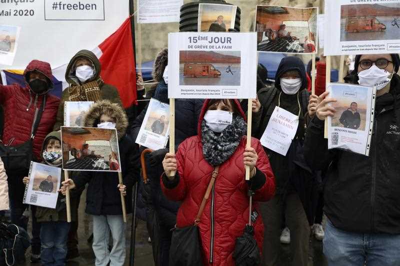 Protesters call for Benjamin Brière's release from an Iranian prison in Paris, France.