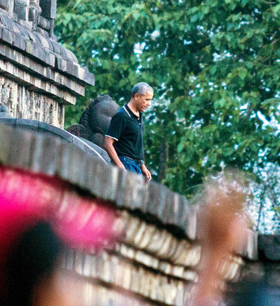 <p>The Obamas flew into Yogyakarta on a private jet before driving to their luxury hotel in the historic city's downtown area. After settling in, they visited the ninth-century Borobudur Temple in Magelang, where they snapped photos and the former president waved to locals. Borobudur Temple, one of the largest Buddhist temples in the world, overlooks the green hills of Java and the active volcano Gunung Merapi.</p>