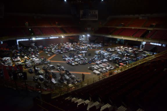 Residents seek shelter inside Roberto Clemente Coliseum in San Juan, Puerto Rico, early on September 20, 2017, as Hurricane Maria passes the island.