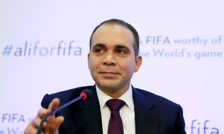 FIFA presidential candidate Prince Ali Al Hussein of Jordan speaks at the Press Club in Geneva, Switzerland, February 11, 2016. REUTERS/Pierre Albouy