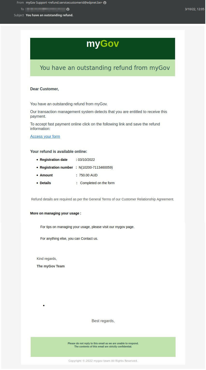 A copy of the myGov email scam.