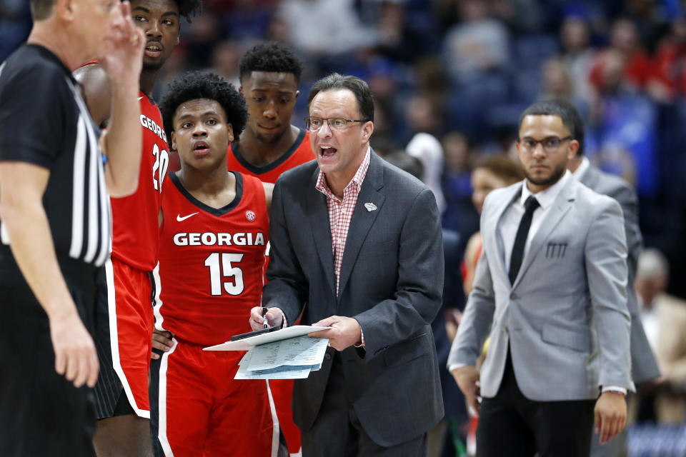 Georgia head coach Tom Crean yells to his players in the second half of an NCAA college basketball game against Mississippi in the Southeastern Conference Tournament Wednesday, March 11, 2020, in Nashville, Tenn. Georgia won 81-63. (AP Photo/Mark Humphrey)