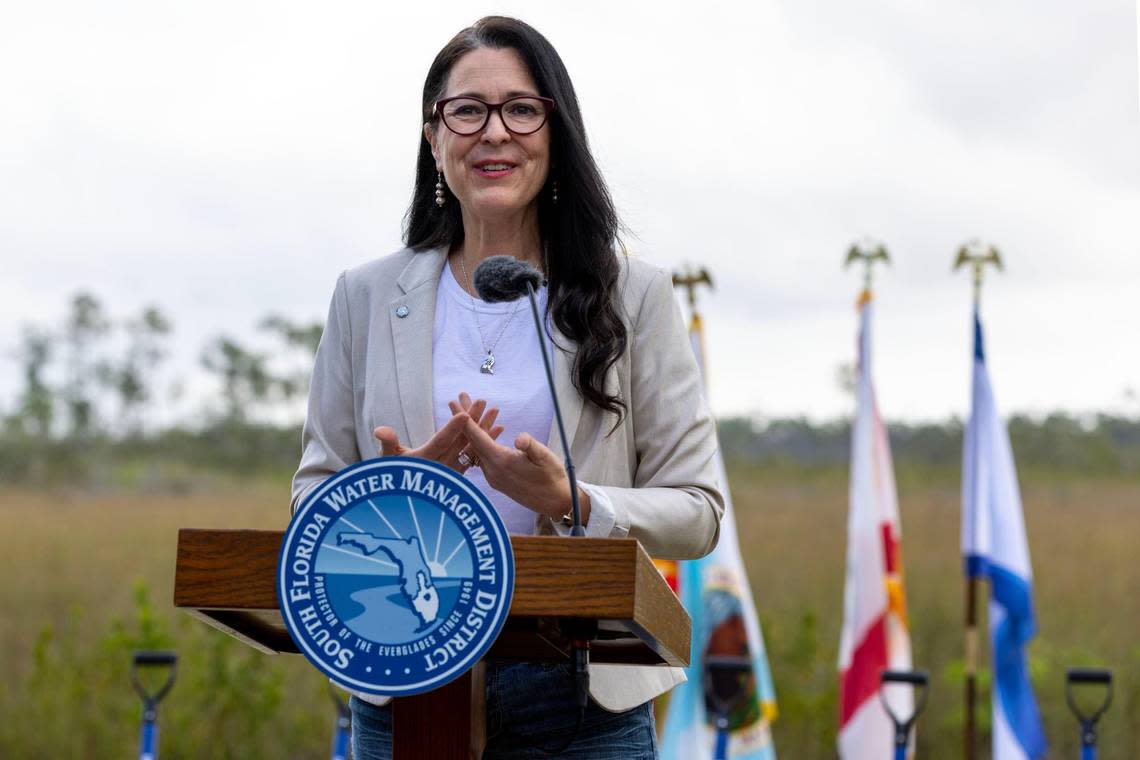 Shannon Estenoz, assistant secretary for Fish and Wildlife and Parks for the U.S. Department of the Interior, speaks during a press conference announcing the Taylor Slough Flow Improvement Project, which will make additional modifications to the Old Ingraham Highway to improve hydrologic and ecological connectivity of surface water within Taylor Slough in Everglades National Park. She spoke at the park’s Ernest F. Coe Visitor Center in Homestead, Florida, on Thursday, Jan. 26, 2023. The goal of the project is to reduce flow impediments and short-circuiting of freshwater flow to Taylor Slough caused by the Old Ingraham Highway.