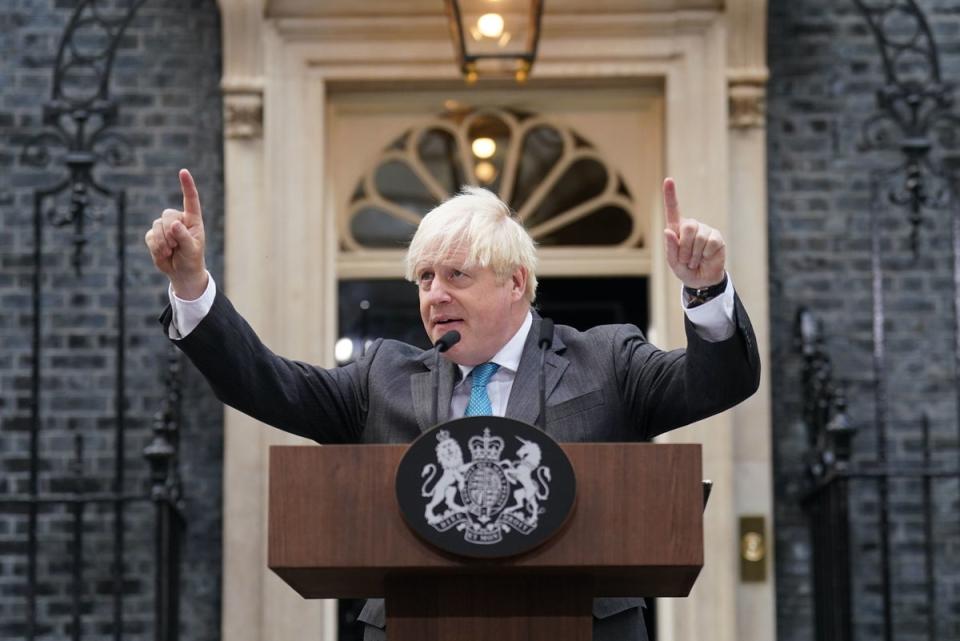 Outgoing Prime Minister Boris Johnson makes a speech outside 10 Downing Street, London, before leaving for Balmoral for an audience with Queen Elizabeth II to formally resign as Prime Minister. (PA)