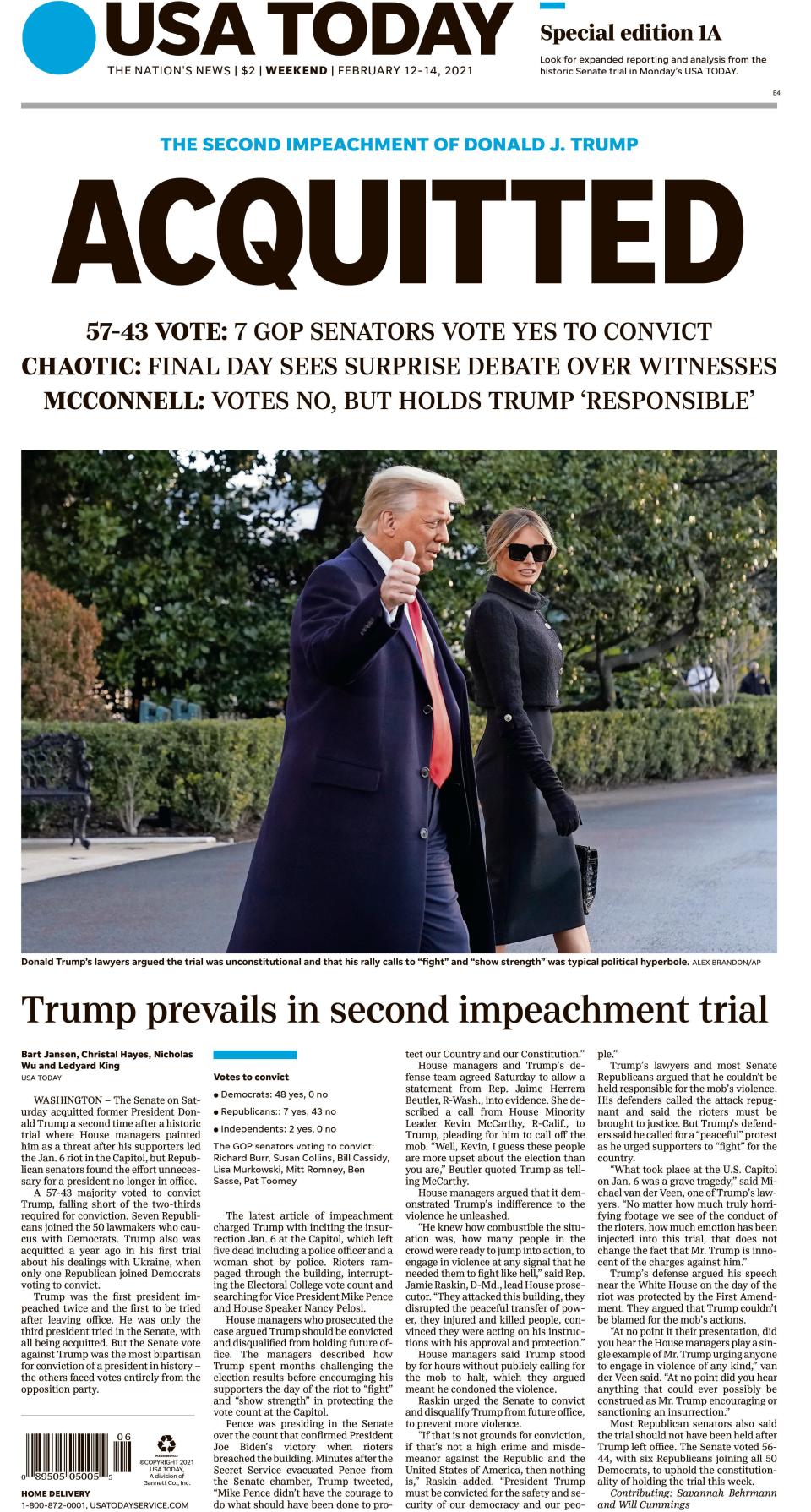 History in print: The updated weekend front page of USA TODAY reflects the historic impeachment's verdict.