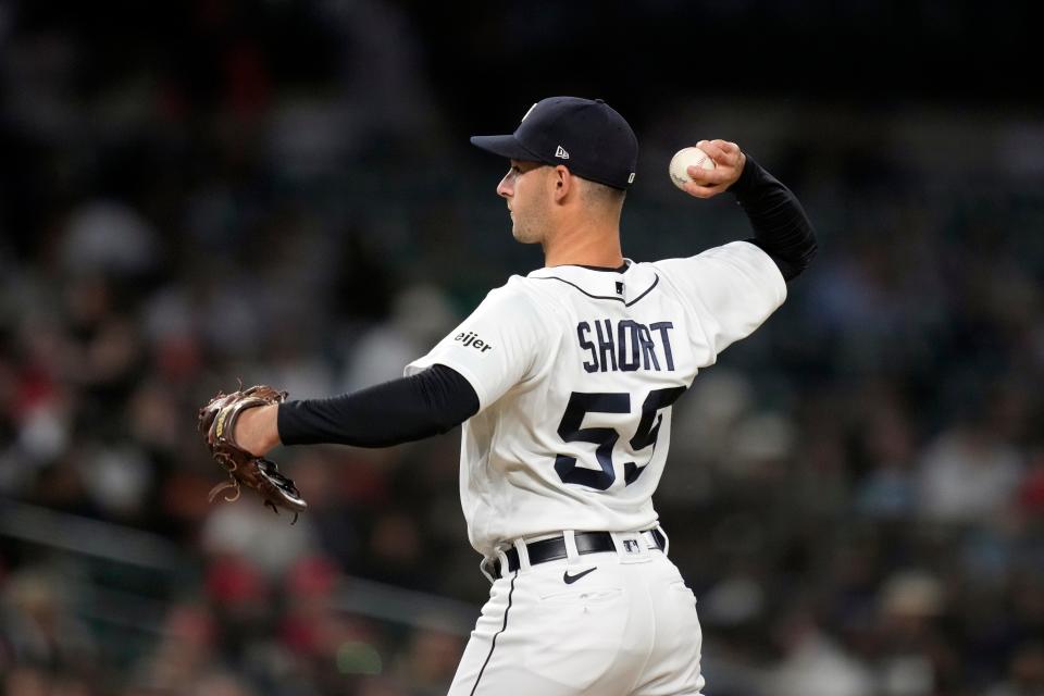 Detroit Tigers utility player Zack Short throws during the ninth inning of a baseball game against the Chicago White Sox, Friday, May 26, 2023, in Detroit.