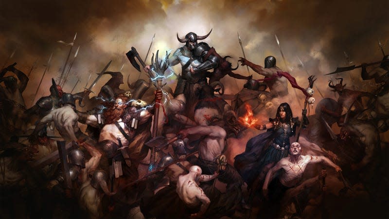 Three of Diablo IV's character classes (Barbarian, Druid, and Sorcerer) battle against some demons.