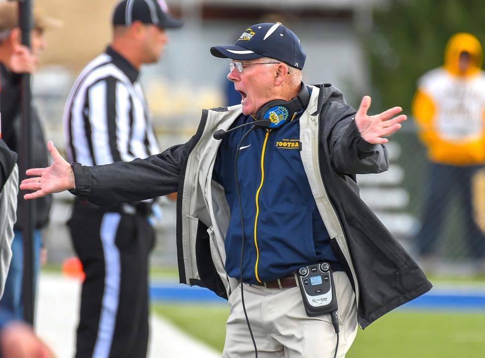 Cleveland St. Ignatius head coach Chuck Kyle reacts to a call against St. X at St. Xavier High School, Saturday, October, 20 2018
