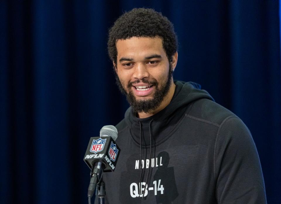 INDIANAPOLIS, INDIANA - MARCH 01: Caleb Williams #QB14 of the Southern California Trojans speaks to the media during the 2024 NFL Draft Combine at Lucas Oil Stadium on March 01, 2024 in Indianapolis, Indiana. (Photo by Michael Hickey/Getty Images)