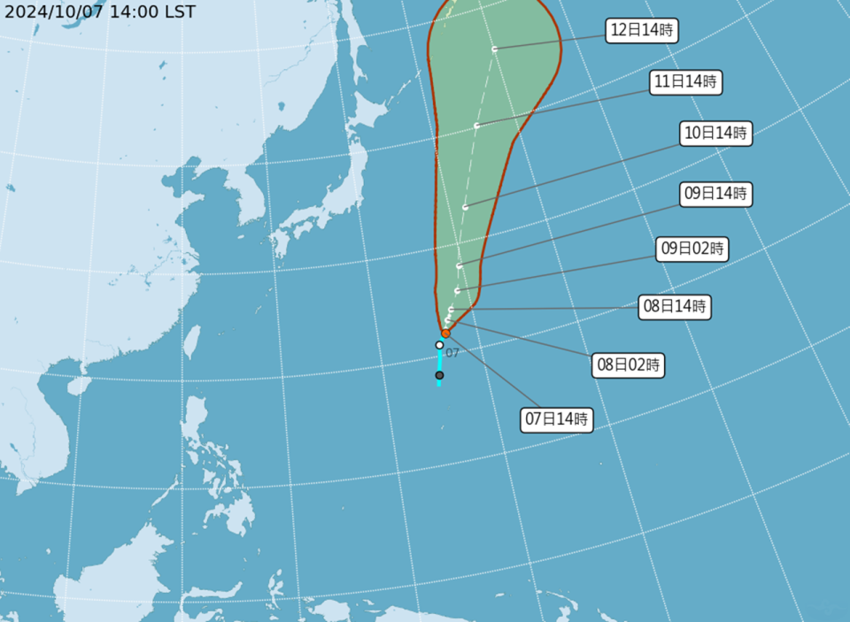 熱帶性低氣壓TD23路徑潛勢圖。（圖取自中央氣象署網站）