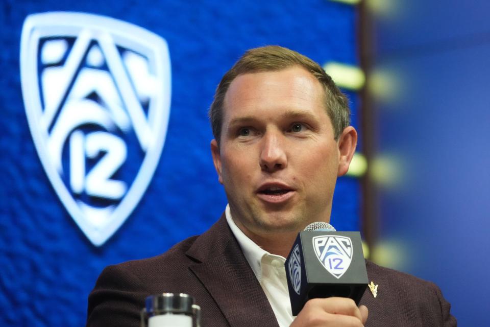 Jul 21, 2023; Las Vegas, NV, USA; Arizona State Sun Devils coach Kenny Dillingham during Pac-12 Media Day at Resorts World Las Vegas. tMandatory Credit: Kirby Lee-USA TODAY Sports