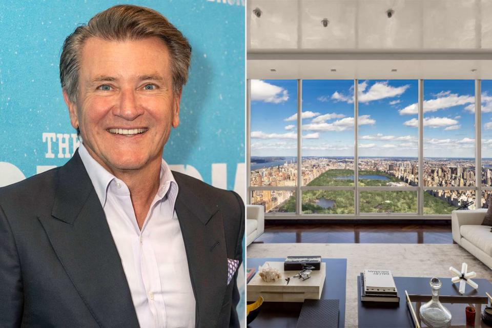 <p>Lev Radin/VIEWpress; <a href="https://www.instagram.com/evanjosephphoto/?hl=en">Evan Joseph</a></p> Robert Herjavec (left) and the living room of his New York City penthouse listed for sale (right). 