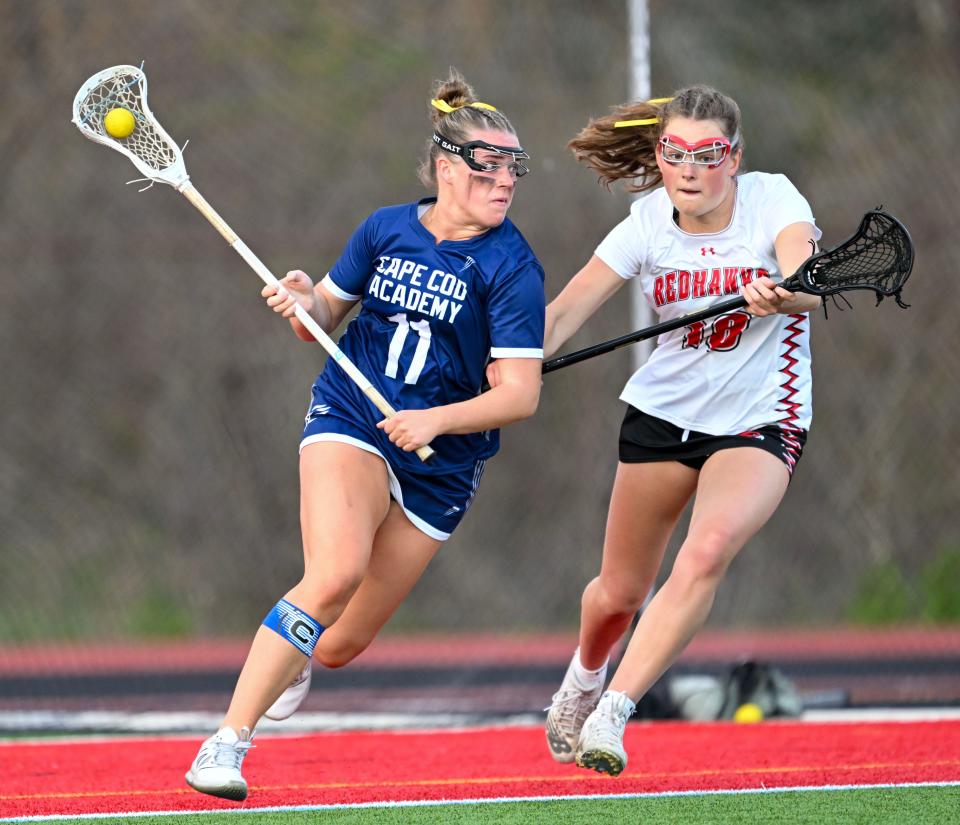 HYANNIS 05/02/24 Olivia Powers of Cape Cod Academy moves on Carly Steenstra of Barnstable.