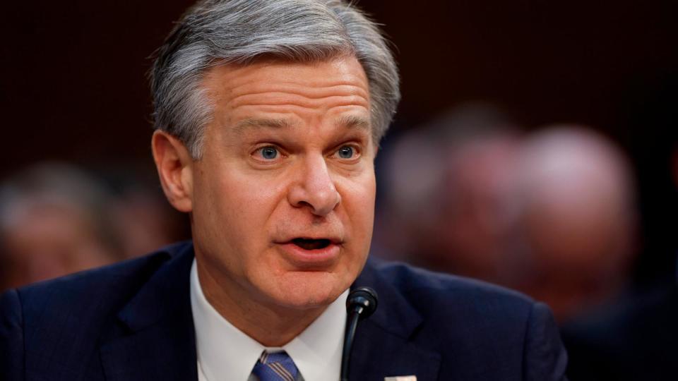 PHOTO: Federal Bureau of Investigation Director Christopher Wray testifies before the Senate Select Committee on Intelligence about global threats against the United States in the Hart Senate Office Building on Capitol Hill, March 11, 2024. (Chip Somodevilla/Getty Images)