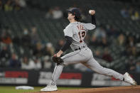 Detroit Tigers starting pitcher Casey Mize throws against the Seattle Mariners during the first inning of a baseball game, Monday, May 17, 2021, in Seattle. (AP Photo/Ted S. Warren)