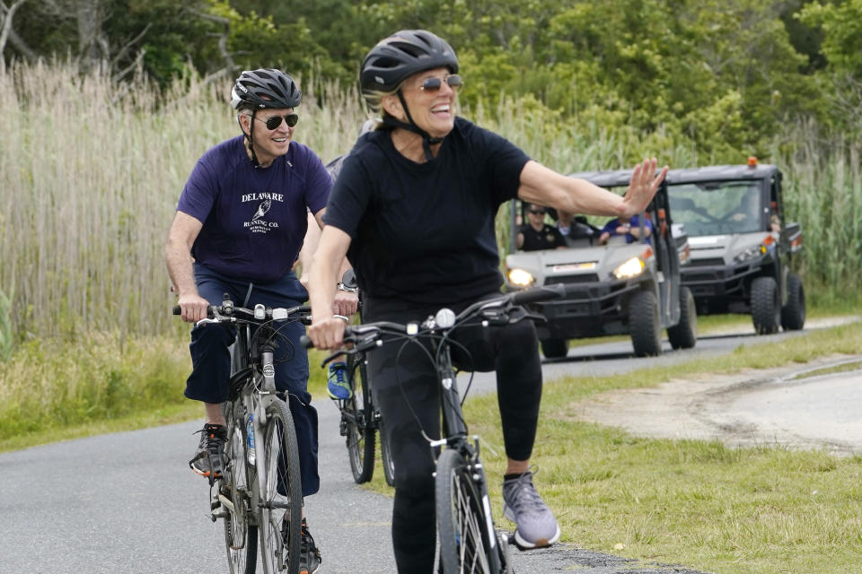 President Joe Biden and first lady Jill Biden take a bike ride in Rehoboth Beach, Del., Thursday, June 3, 2021. The Biden's are spending a few days in Rehoboth Beach to celebrate first lady Jill Biden's 70th birthday. (AP Photo/Susan Walsh)