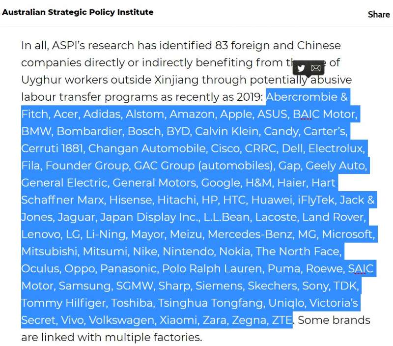 被澳洲戰略政策研究所（Australian Strategic Policy Institute，ASPI）點名使用維吾爾奴工的83家國際企業（ASPI）