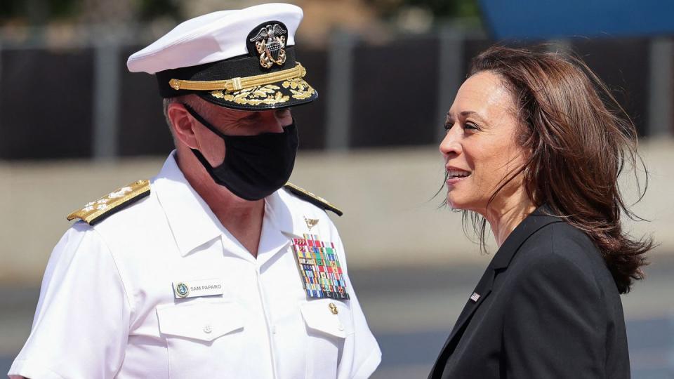 U.S. Vice President Kamala Harris is received by Adm. Samuel Paparo, commander of U.S. Pacific Fleet as she arrives at Joint Base Pearl Harbor-Hickam, Hawaii, Aug. 26, 2021. (Evelyn Hockstien/AFP via Getty Images)