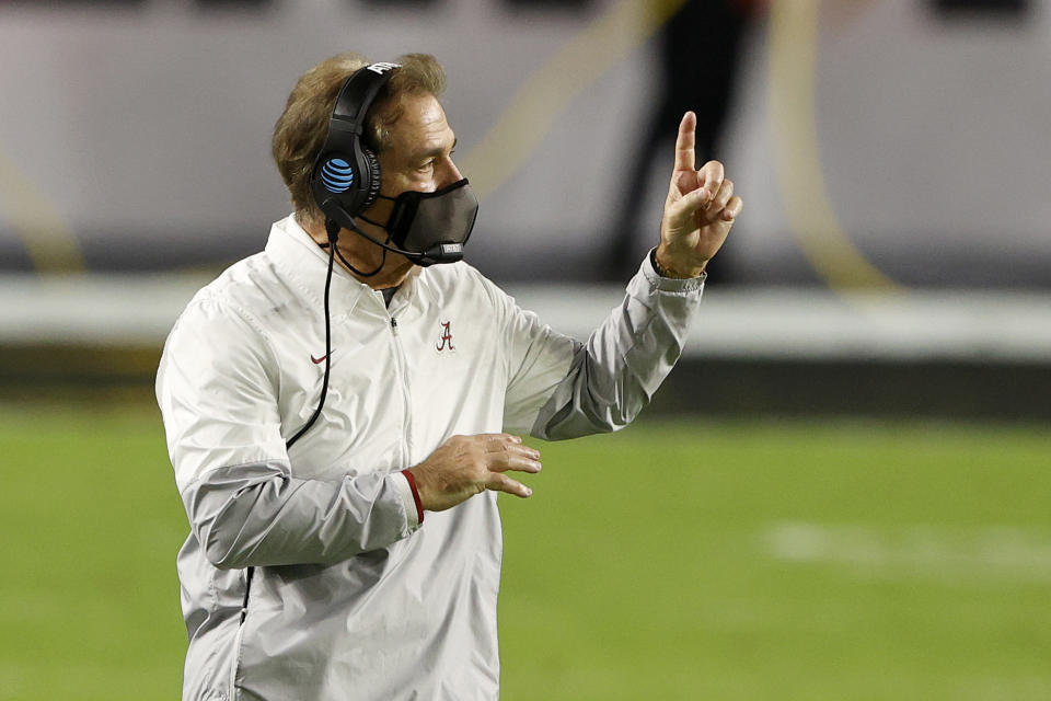 MIAMI GARDENS, FLORIDA - JANUARY 11: Head coach Nick Saban of the Alabama Crimson Tide looks on during the CFP National Championship Presented by AT&T at Hard Rock Stadium on January 11, 2021 in Miami Gardens, Florida. (Photo by Sam Greenwood/Getty Images)