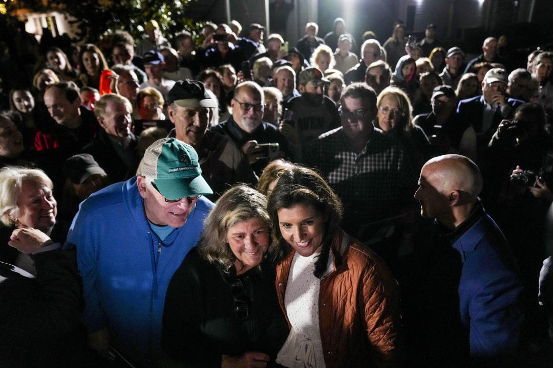 Republican presidential candidate Nikki Haley greets members of the audience after speaking in Myrtle Beach, S.C.