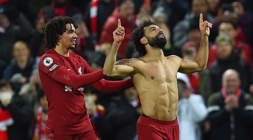 Liverpool's Mohamed Salah celebrates one of his goals in the 7-0 win over Manchester United at Anfield in March 2023.