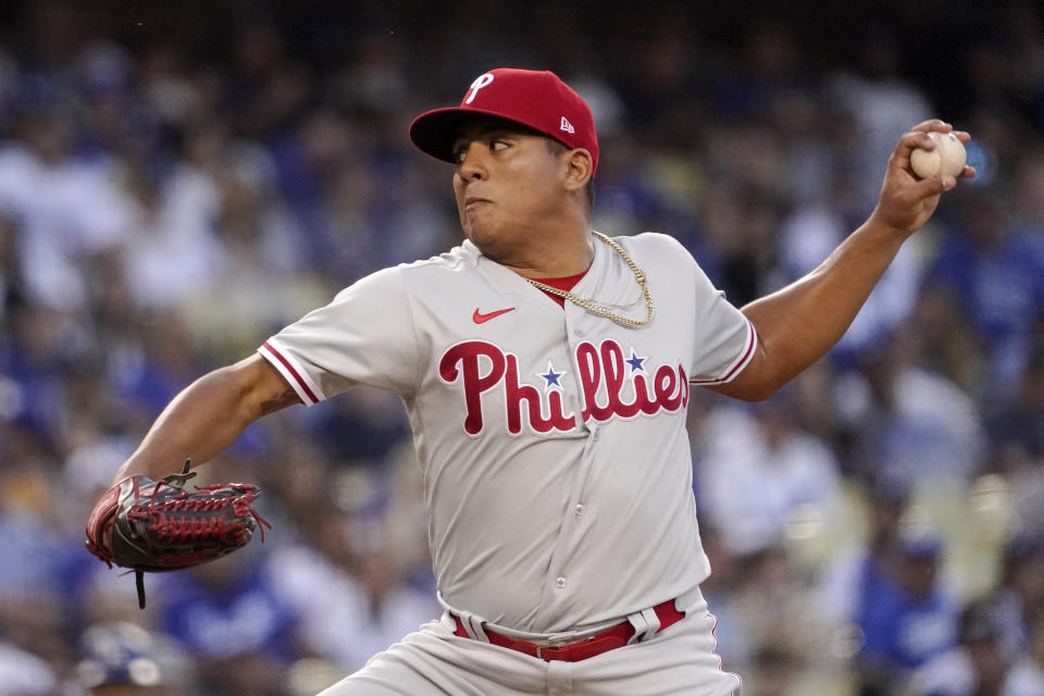 Philadelphia Phillies starting pitcher Ranger Suarez throws to the plate during the first inning of a baseball game against the Los Angeles Dodgers Saturday, May 14, 2022, in Los Angeles. (AP Photo/Mark J. Terrill)