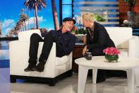 Host Ellen DeGeneres gets up close and personal with guest Brad Pitt on Friday’s taping of <em>The Ellen DeGeneres Show</em> in Burbank, California.