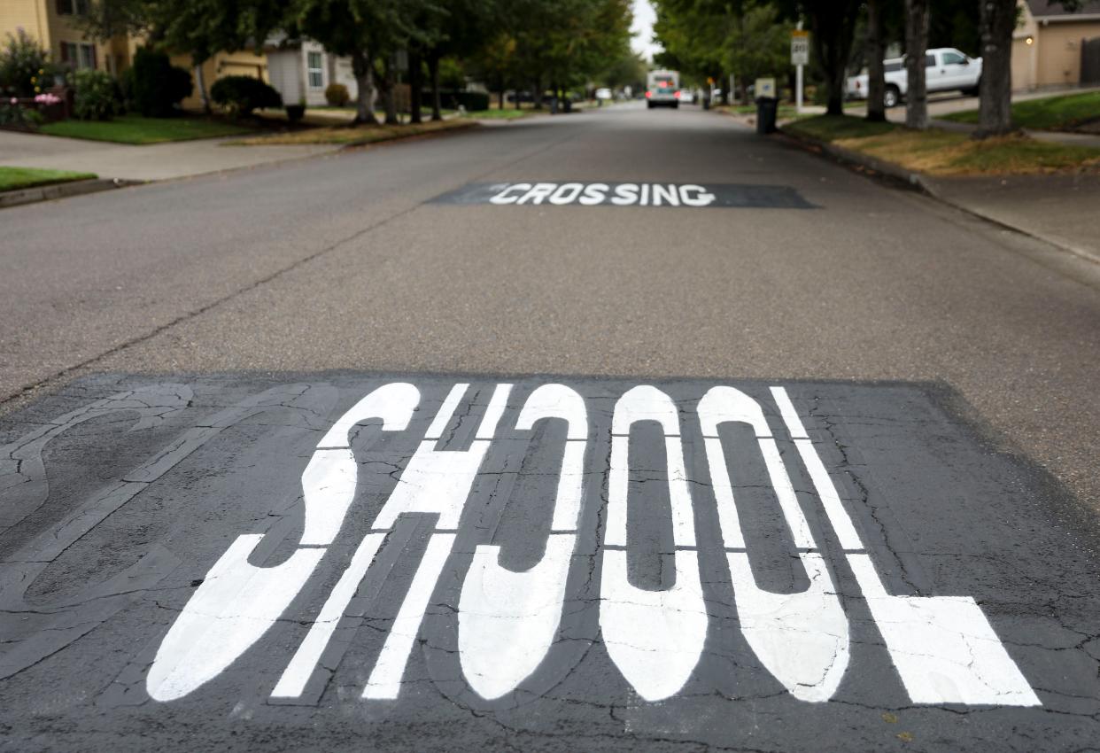 A school crossing sign is misspelled near Clear Lake Elementary School on Park Meadow Drive Northeast on Friday, Sept. 30, 2022 in Keizer, Ore. 