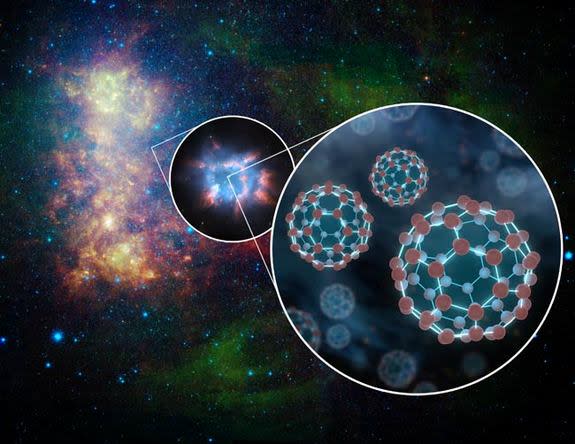 Artist's concept of buckyball molecules against the backdrop of the Small Magellanic Cloud, which was imaged by NASA's Spitzer Space Telescope. Spitzer discovered huge quantities of buckyballs in space, and a new study further suggests that the