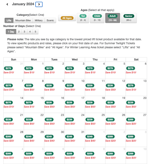 Deer Valley daily online lift ticket pricing for January 2024.