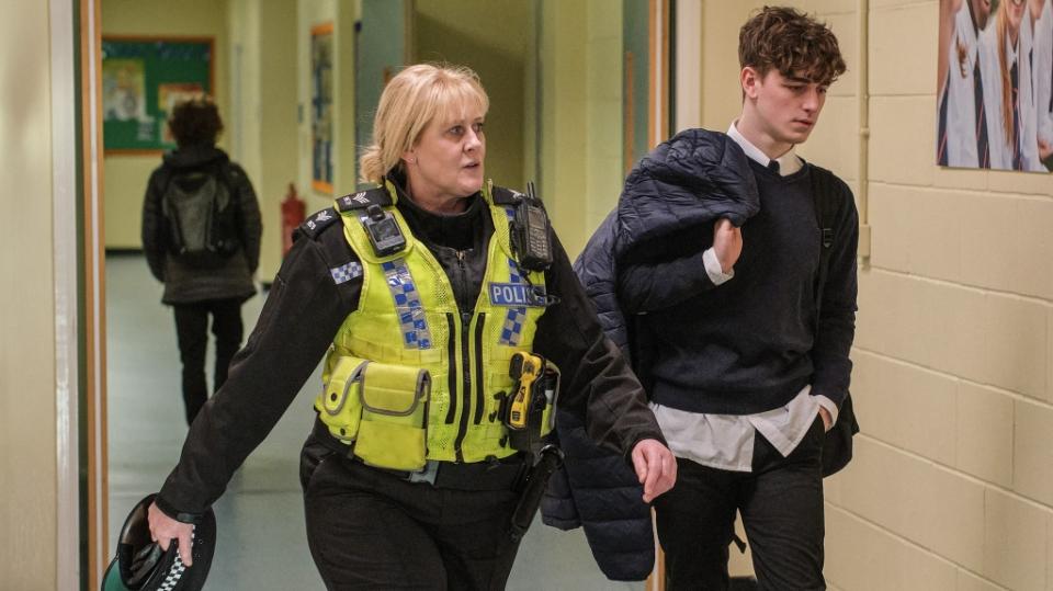 SARAH LANCASHIRE and RHYS CONNAH behind the scenes in Happy Valley (Season 3, Episode 2). Photo Credit: Matt Squire/Lookout Point/AMC