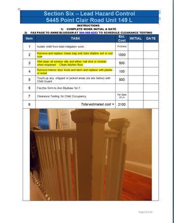 A task list in a Louisiana Department of Health report entitled "CHILD ELEVATED BLOOD LEAD LEVEL, LEAD PAINT INSPECTION & RISK ASSESSMENT, POSITIVE FOR LEAD-BASED PAINT (LBP) SOIL AND DUST LEAD HAZARDS" regarding the Price family's home in Carville, Louisiana, U.S., is pictured in this undated handout photo obtained by Reuters October 2, 2018. Coryn Price via Louisiana Department of Health/Handout via REUTERS