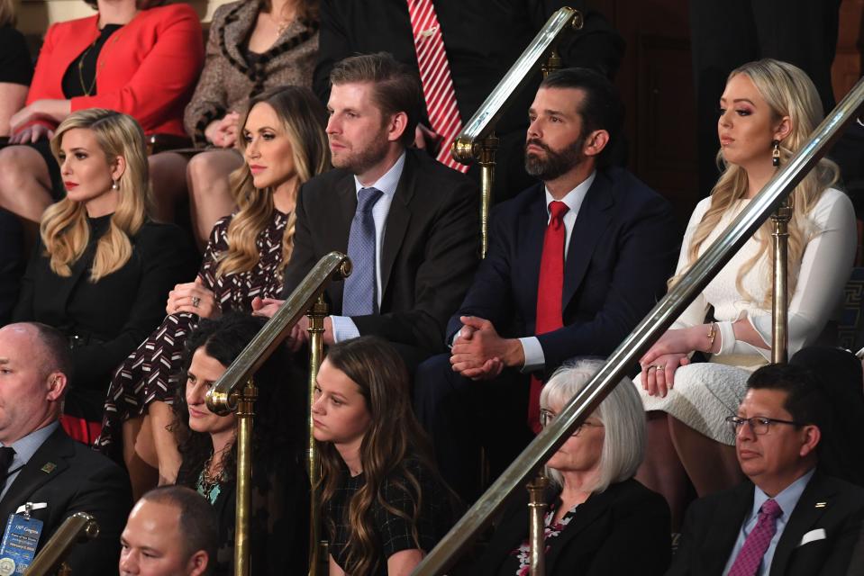 (From top R) Tiffany Trump, Donald Trump Jr., Eric Trump, Lara Trump and Senior Advisor to the President Ivanka Trump attend the State of the Union address at the US Capitol in Washington, DC, on February 5, 2019. (Photo by SAUL LOEB / AFP)        (Photo credit should read SAUL LOEB/AFP/Getty Images)
