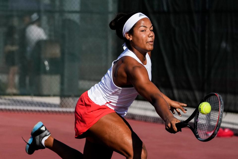 Vero Beach’s Grace Levelston during the District 10-4A boys and girls tennis championships on Tuesday, April 12, 2022 at Whispering Pines Park in Port St. Lucie.