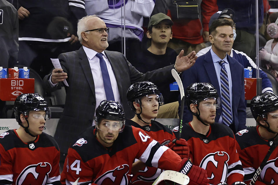 New Jersey Devils coach Lindy Ruff reacts after a goal was called off during the second period of the team's NHL hockey game against the Toronto Maple Leafs on Wednesday, Nov. 23, 2022, in Newark, N.J. (AP Photo/Adam Hunger)