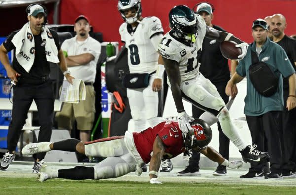 Philadelphia Eagles wide receiver A.J. Brown (R) is my No. 2 fantasy football play for Week 7. File Photo by Steve Nesius/UPI