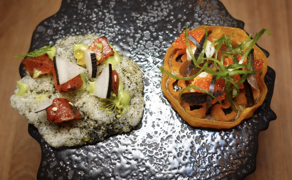 Left: Cured ocean trout, nori cracker, yuzu avocado. 
Right: Potato, tobiko, black truffle crème fraîche