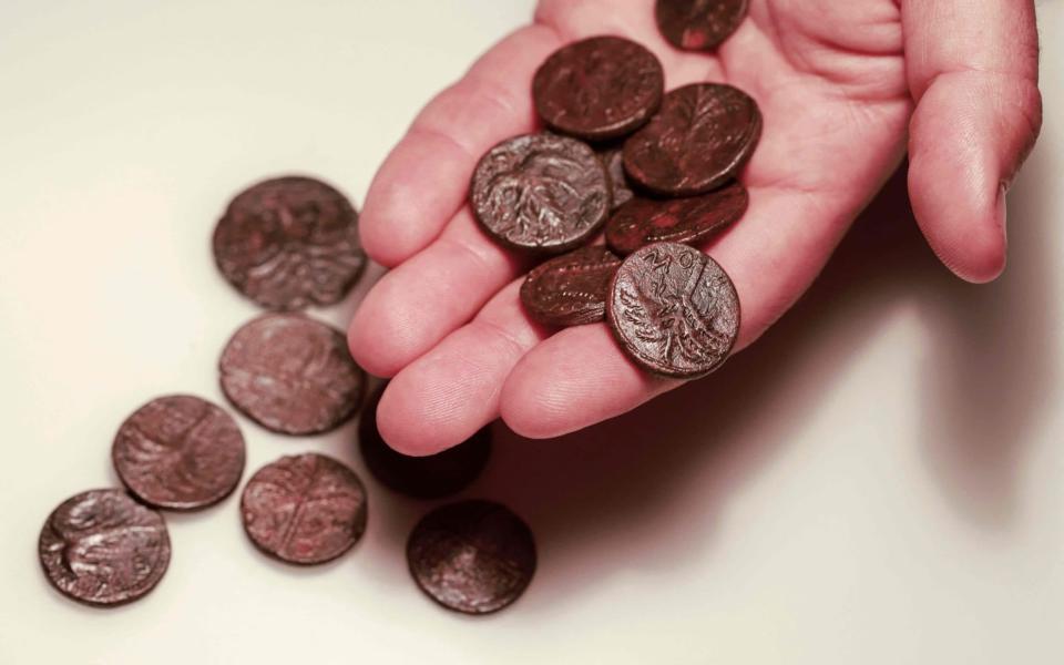 Recently-discovered ancient coins from the Bar Kochba Jewish revolt period dating back to 132136 CE - MENAHEM KAHANA /AFP