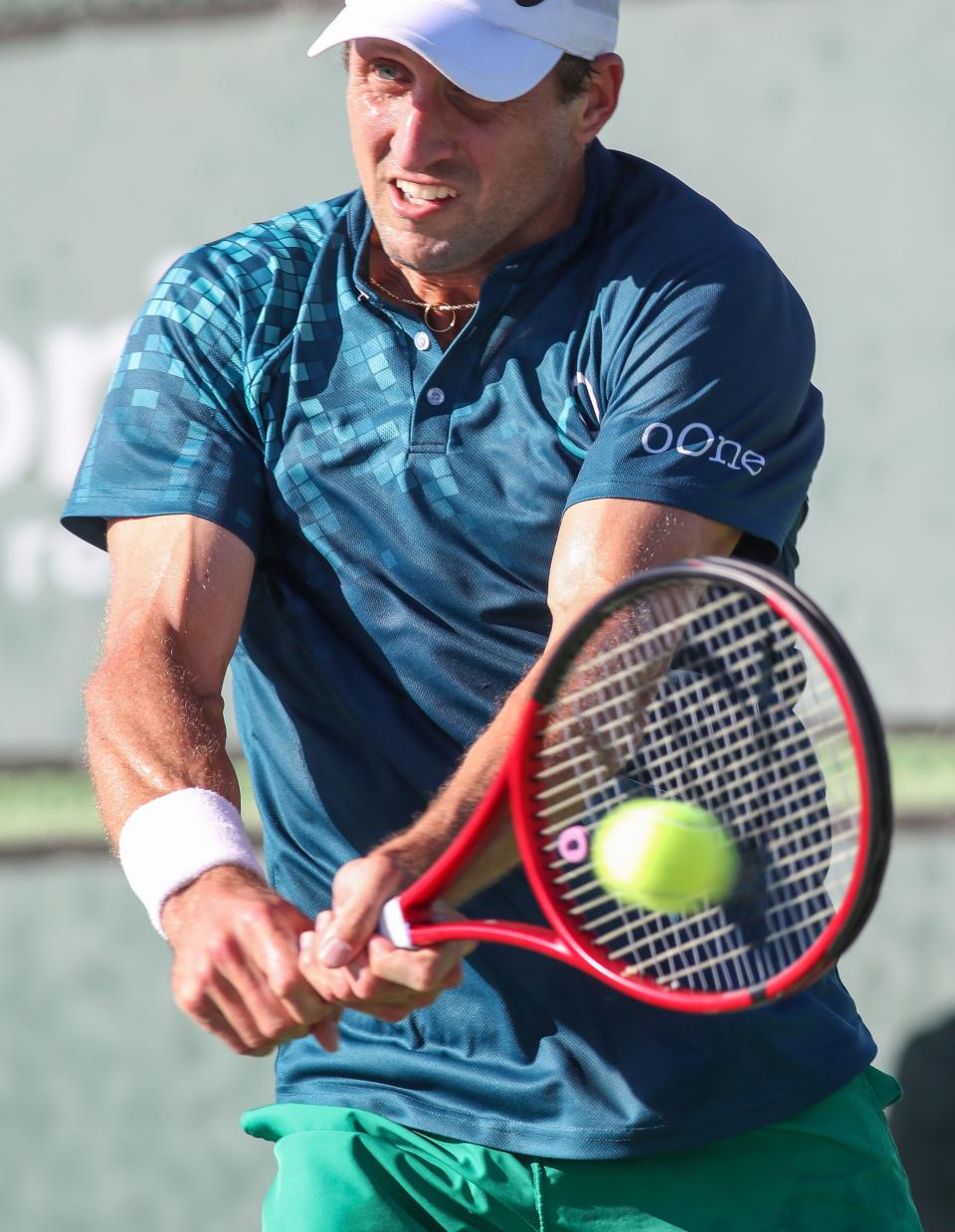 Tennys Sandgren hits a shot during his match against Trevor Svajda during the USTA Southern California Open at the Indian Wells Tennis Garden, Jan. 23, 2024.