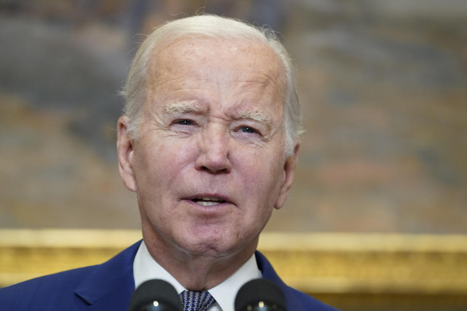 President Joe Biden speaks in the Roosevelt Room of the White House, Sunday, Oct. 1, 2023, in Washington. (AP Photo/Manuel Balce Ceneta)