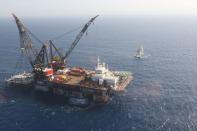 FILE PHOTO: An aerial view shows the newly arrived foundation platform of Leviathan natural gas field, in the Mediterranean Sea, off the coast of Haifa